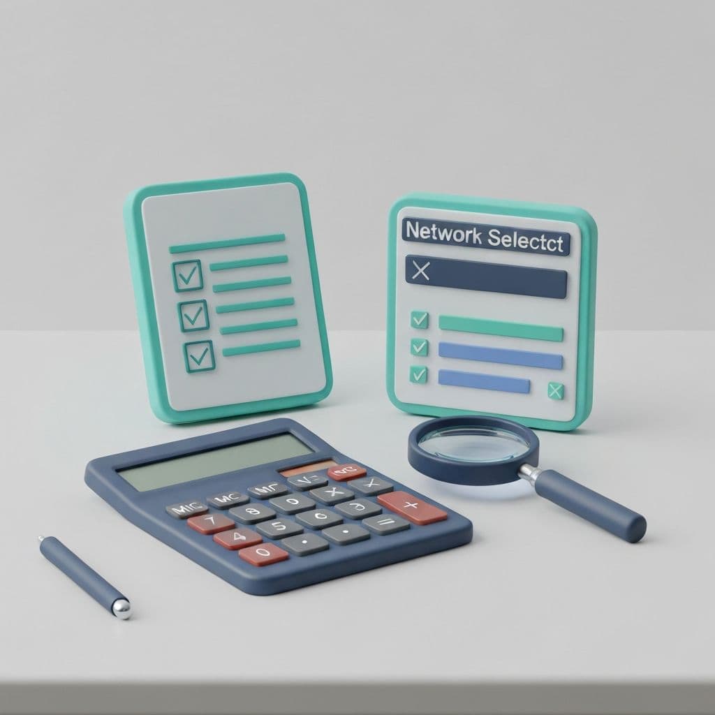 Ilustracija alata za kriptovalute - kalkulatori, checkliste i mrežni selektori