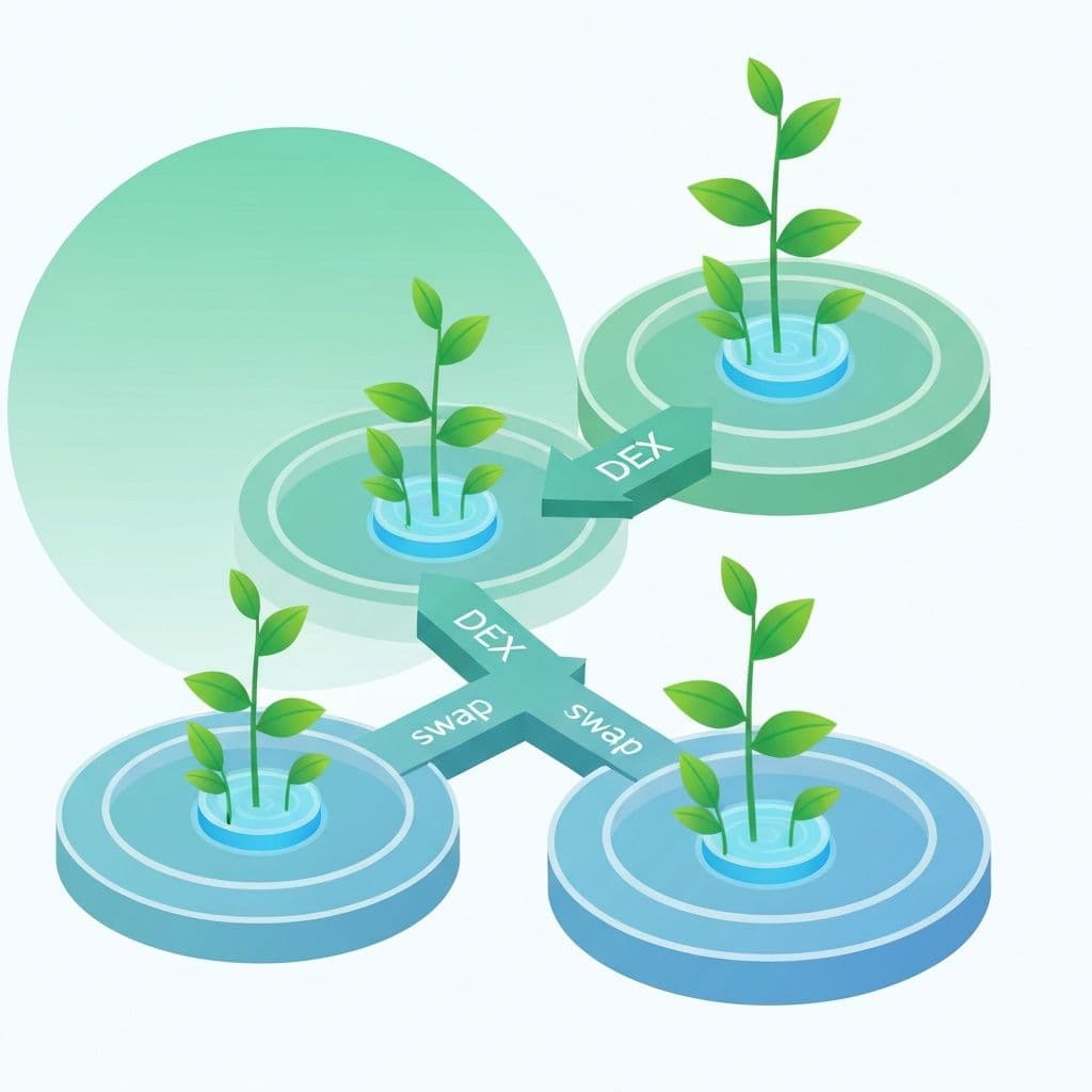 Ilustracija decentraliziranih finansija sa staking i DEX konceptima